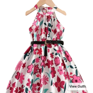 Girl Floral Print Keyhole Back Belted Dress