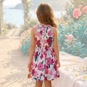 Girl Floral Print Keyhole Back Belted Dress