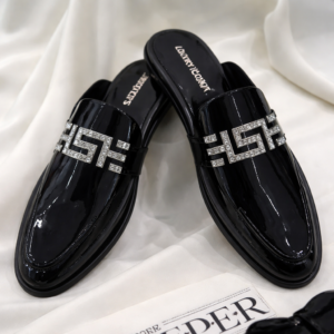 EliteShine Crystal Buckle Patent Mules – Luxury Slip-On Shoes