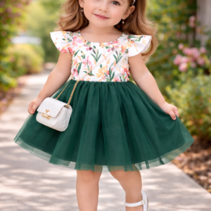 Young Girl Floral Print Ruffle Trim Mesh Hem Green Dress