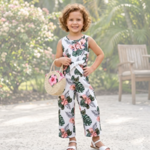 Girls Tropical Print Belted Tank Jumpsuit