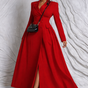 Scarlet Elegance Tailored Maxi Coat Dress
