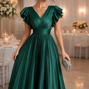 Emerald Elegance Pleated Evening Gown