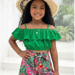 Tropical Off-Shoulder Top & Printed Shorts Set for Girls