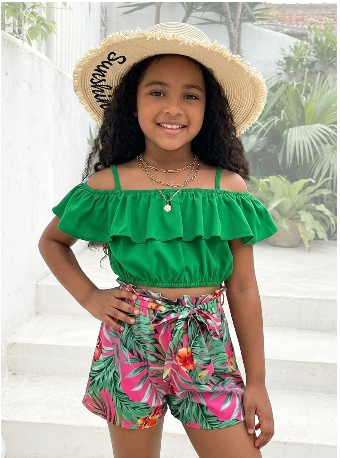 Tropical Off-Shoulder Top & Printed Shorts Set for Girls