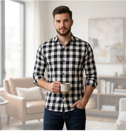 Classic Black & White Checked Button-Up Shirt