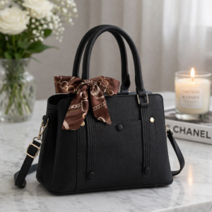 Elegant Chic Black Handbag with Decorative Scarf