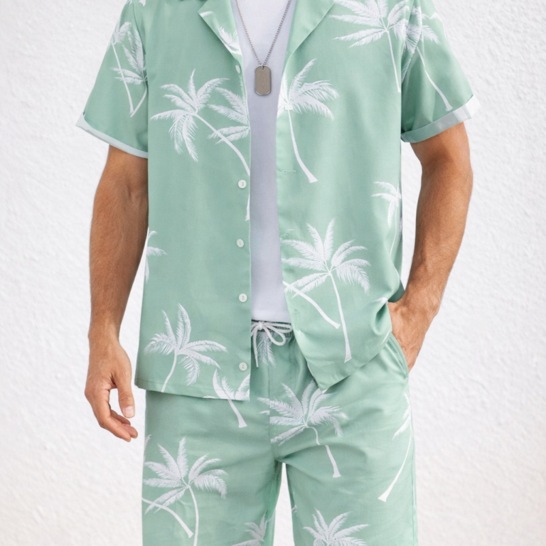 TropicVibe Men’s Summer Co-Ord Set – Palm Print Shirt & Shorts
