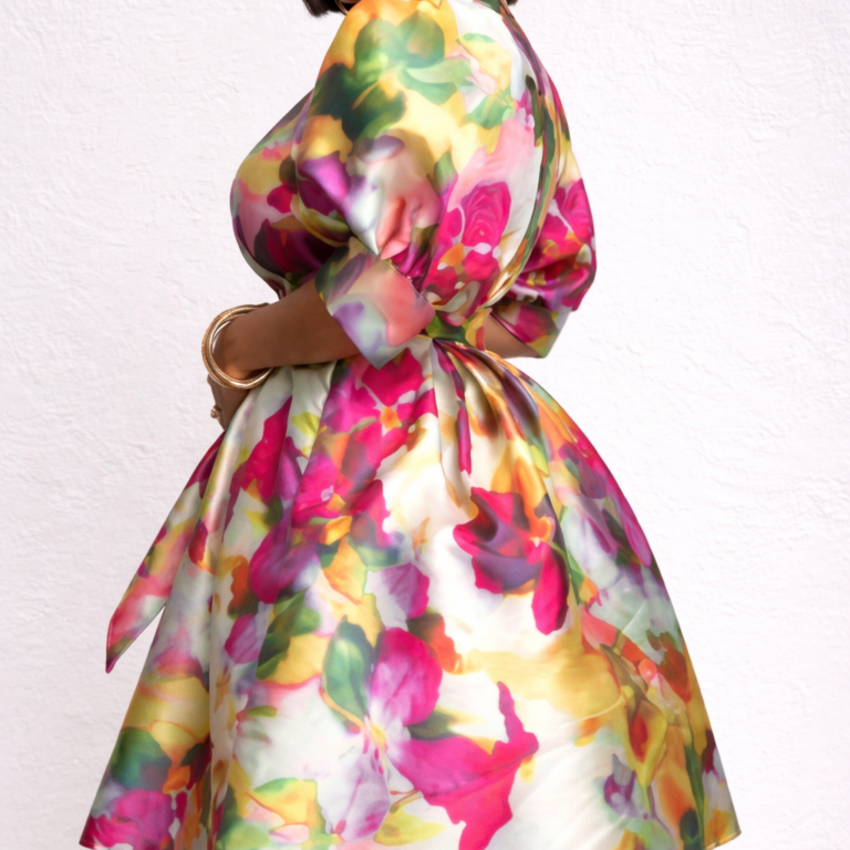 FloraLuxe Satin Bloom Dress – Elegant Floral Fit & Flare